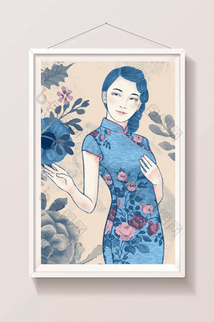 蓝色复古中国风旗袍民国女人插画