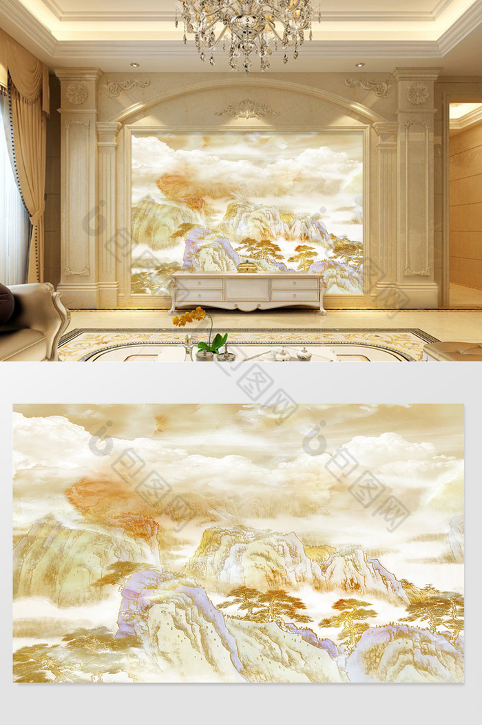 高清3D大理石纹山水花日出背景墙隐世云雾图片图片