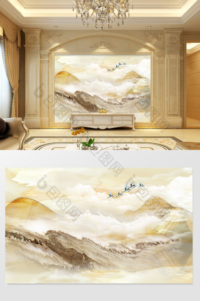 高清3D大理石纹山水花日出背景墙群峰云海图片图片