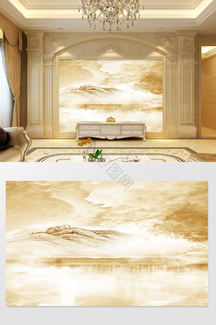 高清3D大理石纹山水花日出背景墙云溪映像图片
