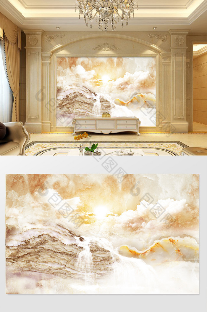 高清3D大理石纹山水花日出背景墙瀑布之光图片图片