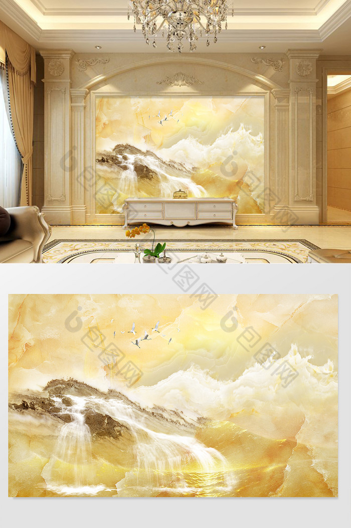 高清3D大理石纹山水花日出背景墙金色天地图片图片