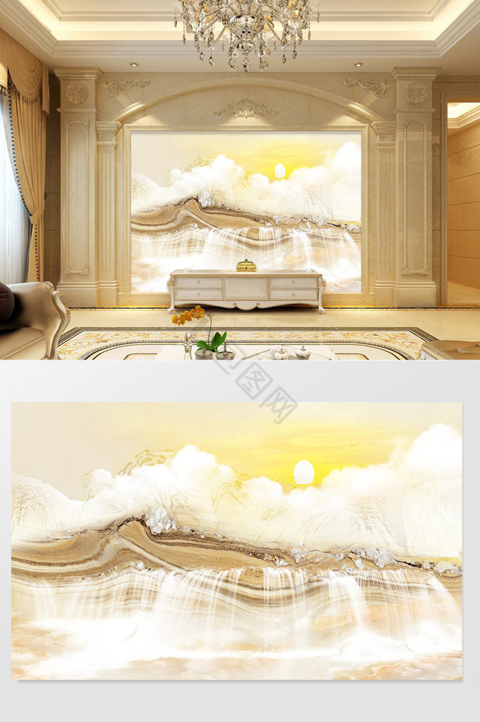 高清3D大理石纹山水花日出背景墙日出云溪图片