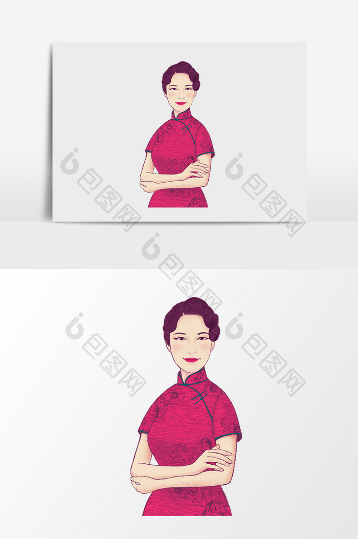 中国风手绘红色旗袍美女