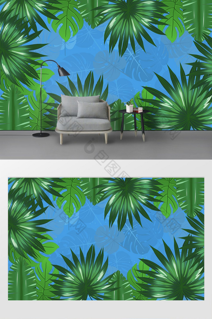 欧式手绘热带雨林芭蕉叶电视背景墙