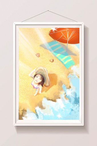 水彩手绘夏日海滩女孩插画图片
