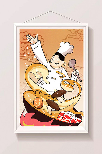 原创创意卡通厨师烹饪做菜海报漫画设计插画图片