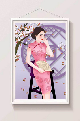 桃花粉红旗袍扇子美女插画