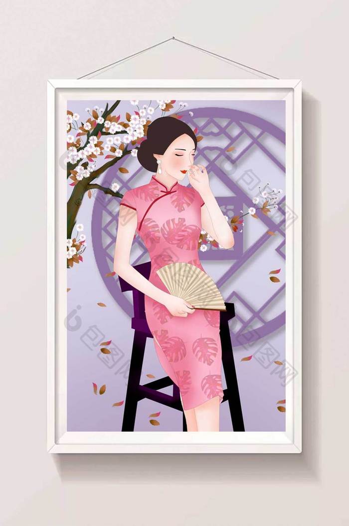 桃花粉红旗袍扇子美女插画