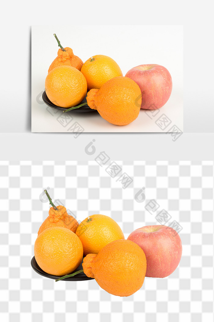 新鲜橘子橙子苹果高清水果组合元素食品素材