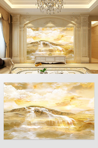 高清3D大理石纹山水花日出背景墙金黄海瀑图片