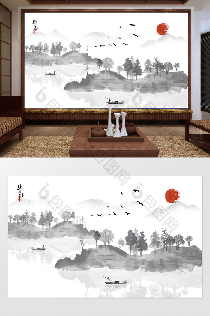 中式山水手绘水墨风客厅背景墙