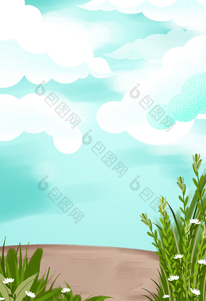 水彩手绘植物天空风景