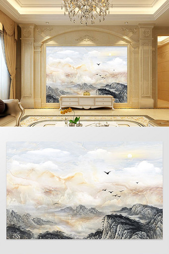 高清3D大理石纹山水日出背景墙山河图片