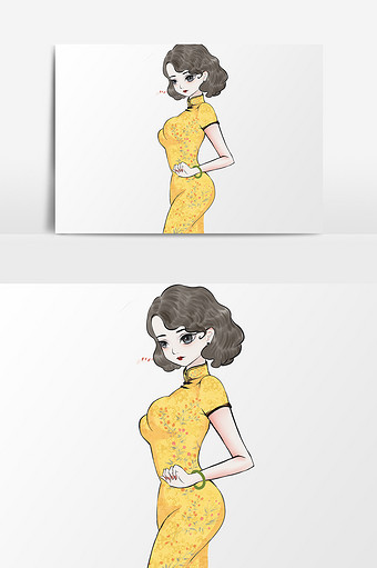 穿旗袍的少女插画元素素材图片