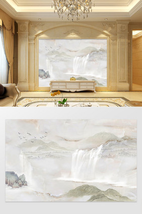 高清3D大理石纹山水客厅沙发背景墙流水
