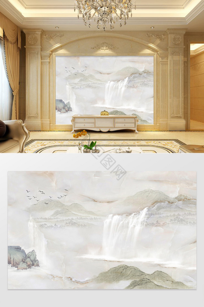 高清3D大理石纹山水客厅沙发背景墙流水图片