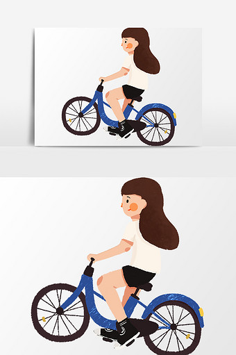 卡通骑自行车的少女插画元素素材图片