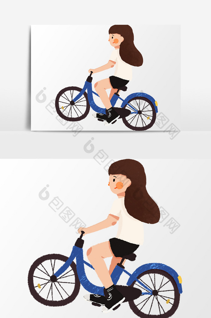 卡通骑自行车的少女插画元素素材
