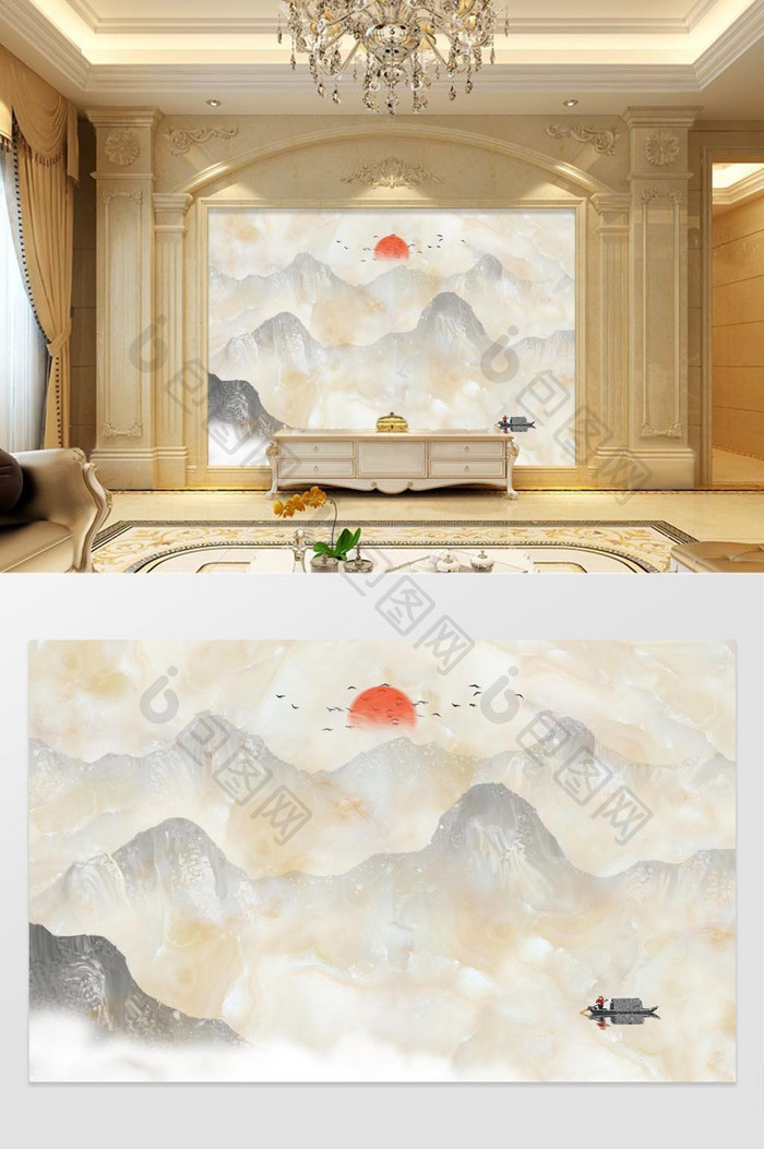 高清3D大理石纹山水日出客厅沙发背景墙