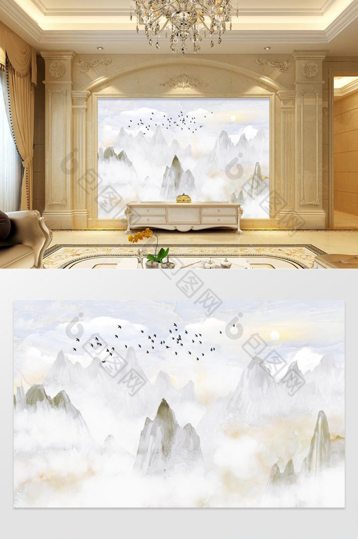 高清3D大理石纹山水花海鸥背景墙