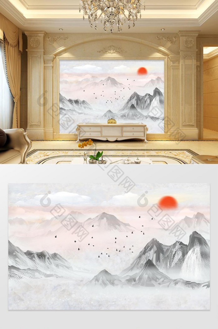 高清3D大理石纹山水花鸟日出背景墙