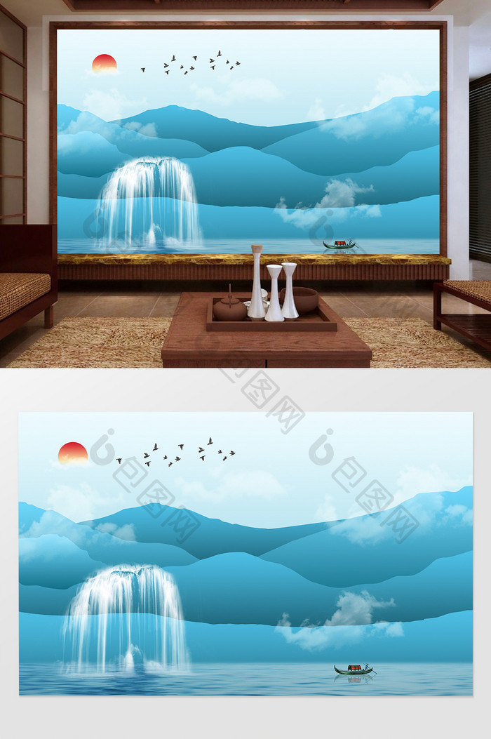 新中式山水瀑布水墨电视背景墙