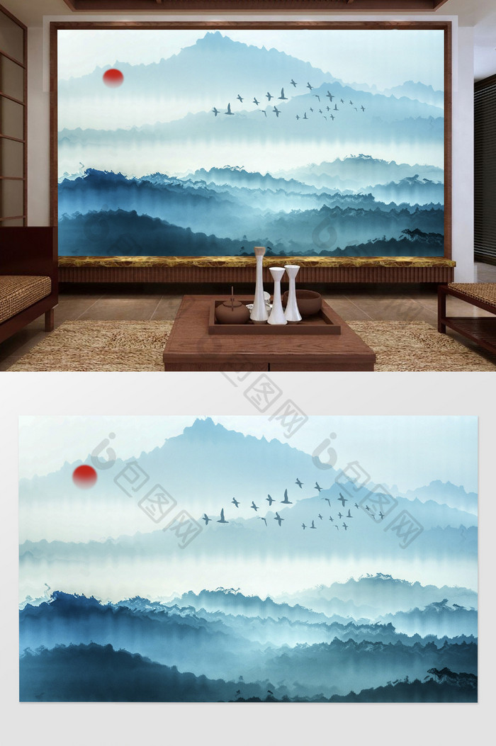 新中式山水中国风客厅电视背景墙