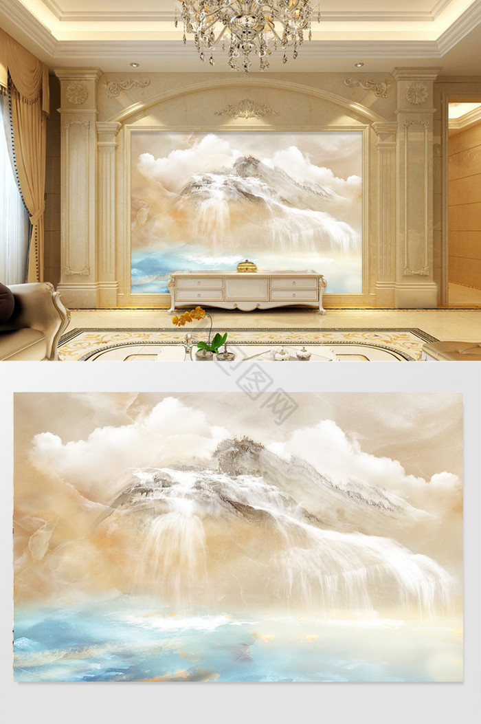 高清3D大理石纹山水花日出背景墙灵山瀑布图片