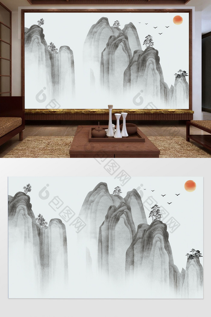 新中式写意山水艺术画电视背景墙