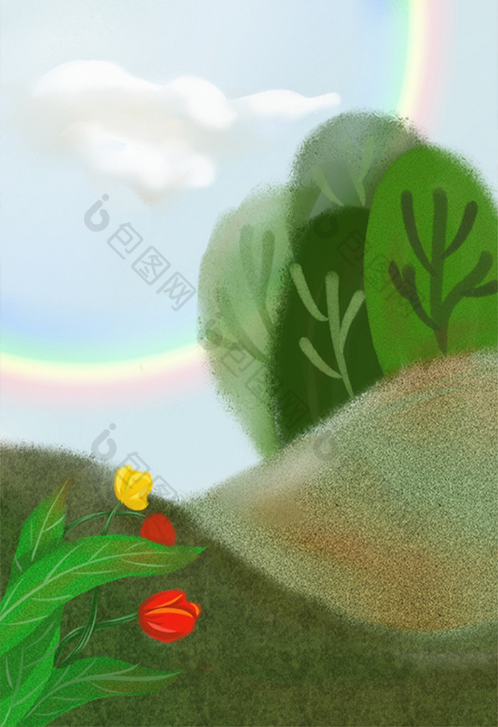 创意手绘绿植花卉彩虹插画