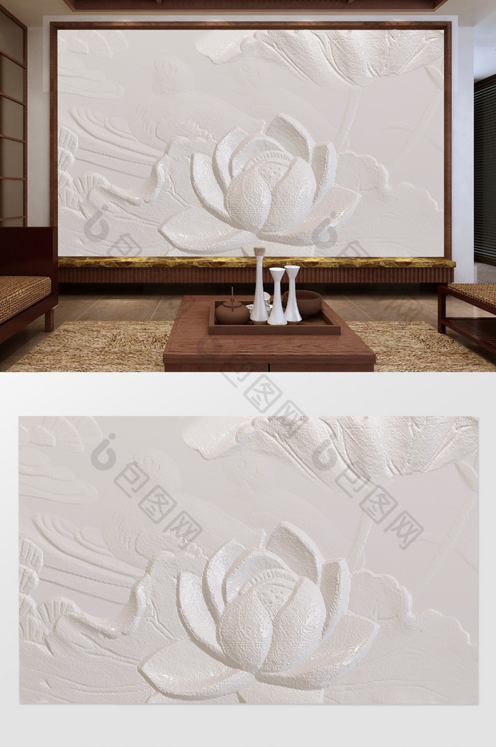 中国风3D浮雕荷花砂岩电视背景墙