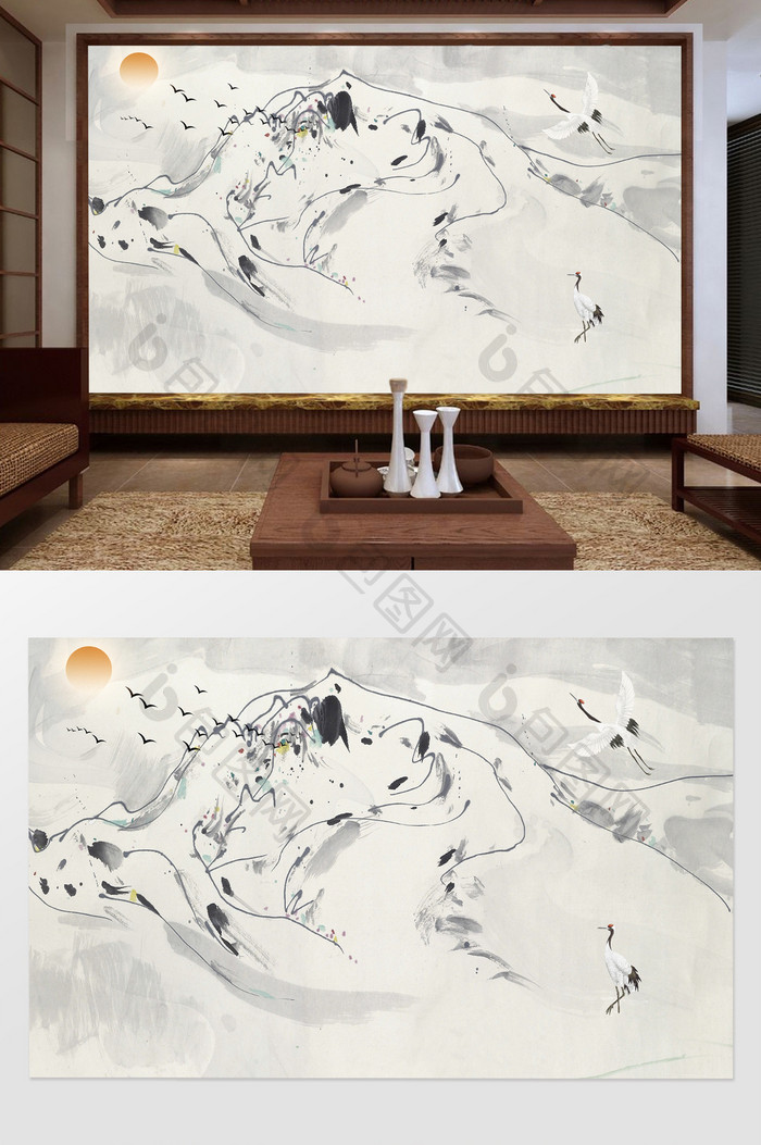 中式抽象水墨仙鹤电视背景墙