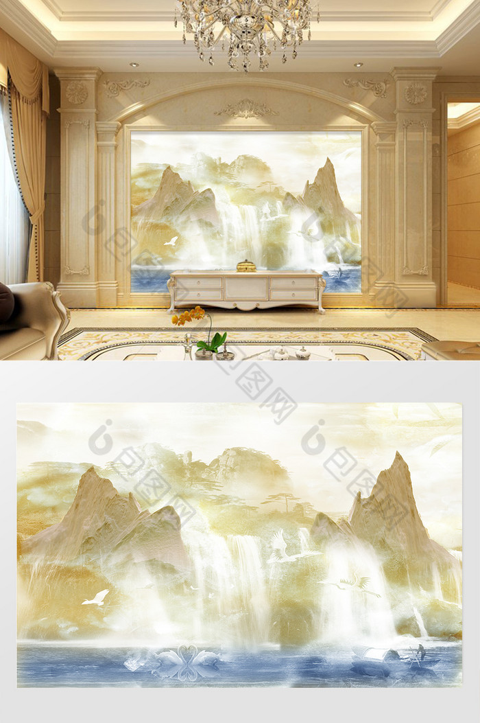 高清3D大理石纹山水花日出背景墙高山明镜图片图片
