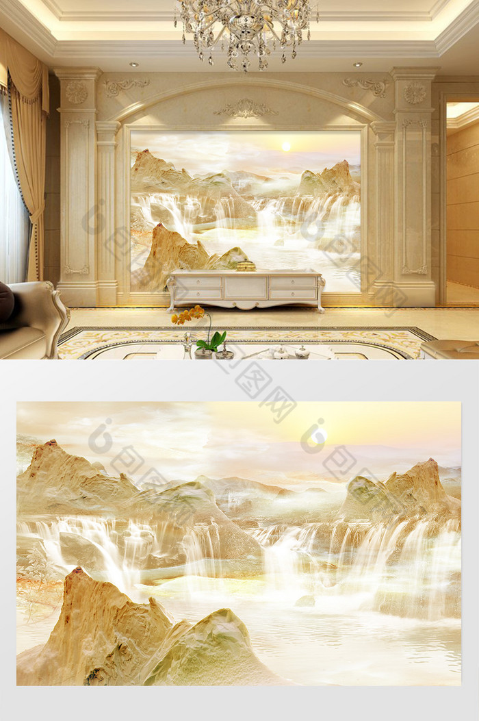 高清3D大理石纹山水花日出背景墙瀑布山光图片图片