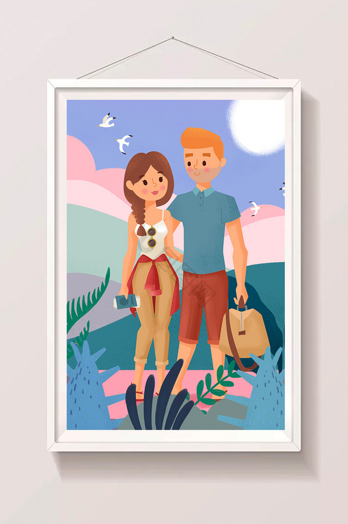 夏日情侣旅行插画图片