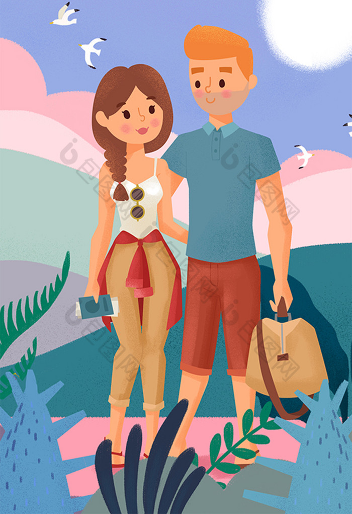 夏日情侣旅行插画图片