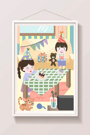 小清新卡通可爱儿童节快乐儿童吃蛋糕插画图片