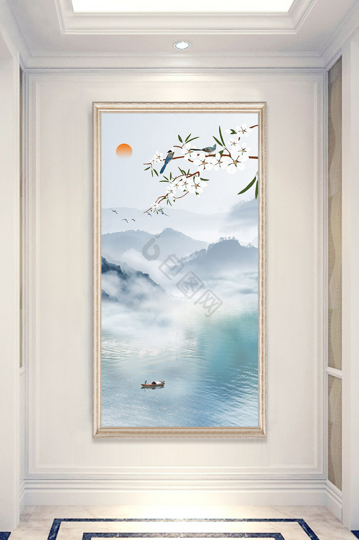 中式山水花鸟仙境装饰画玄关中式山水花鸟风景装饰画中式古风山水花鸟