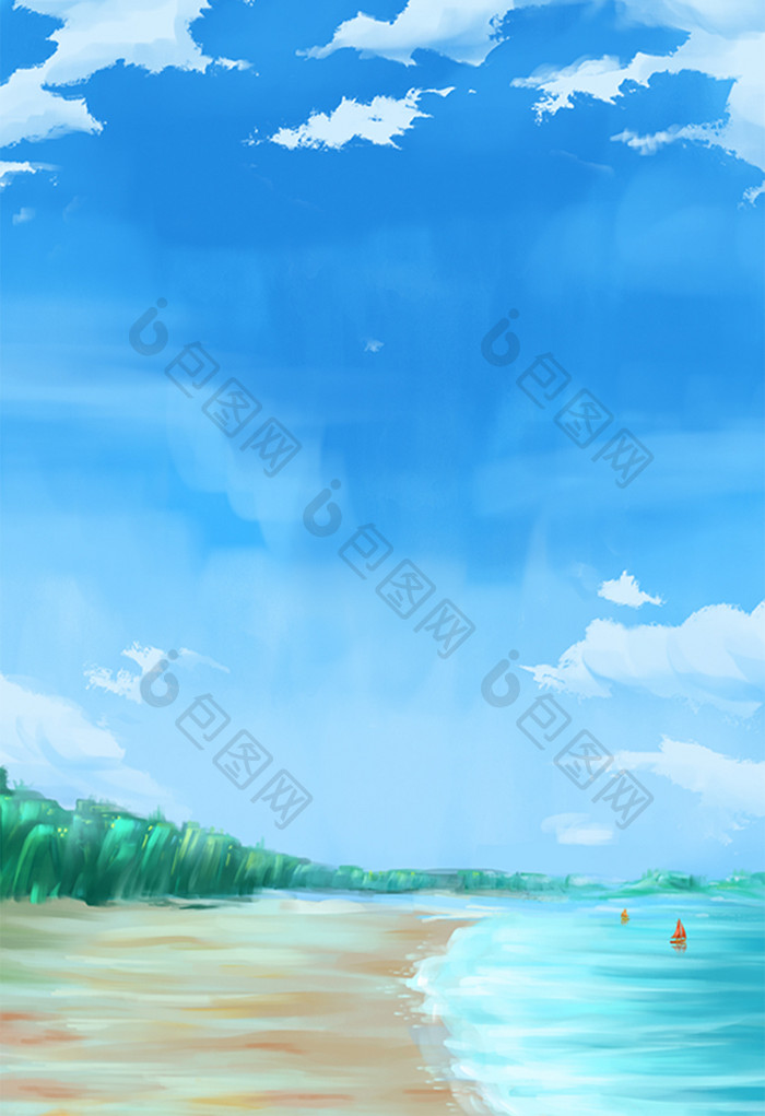水彩手绘蓝天沙滩大海