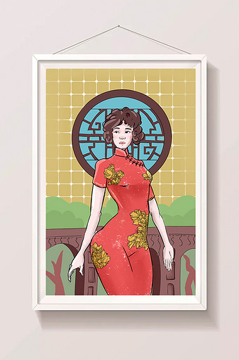 中国风民国红色旗袍插画图片
