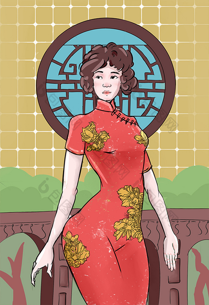 中国风民国红色旗袍插画