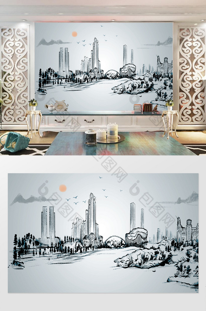 现代城市水墨抽象电视背景墙图片图片