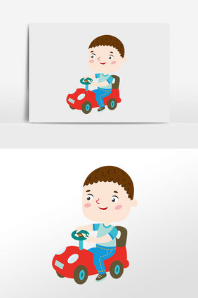 儿童节卡通小孩开玩具车元素插画