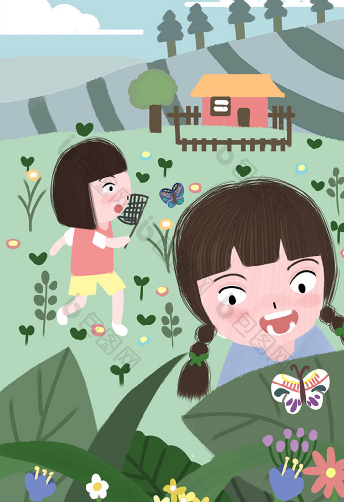 卡通绿色小清新可爱儿童节儿童郊游插画