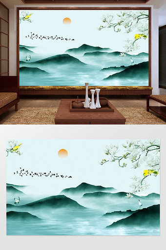 新中式花鸟意境山水画电视背景墙图片
