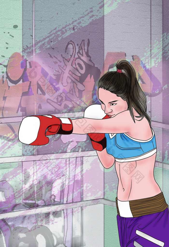夏日运动拳击健身手绘水彩美女插画