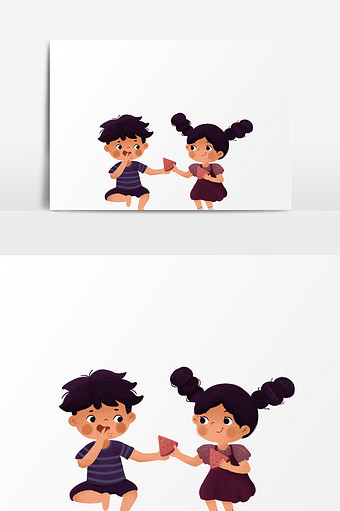 吃西瓜男孩女孩插画元素图片