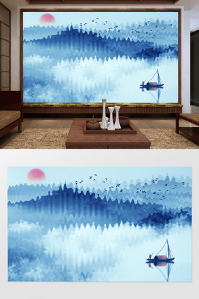 新中式山水中国风波纹斜阳客厅电视背景墙