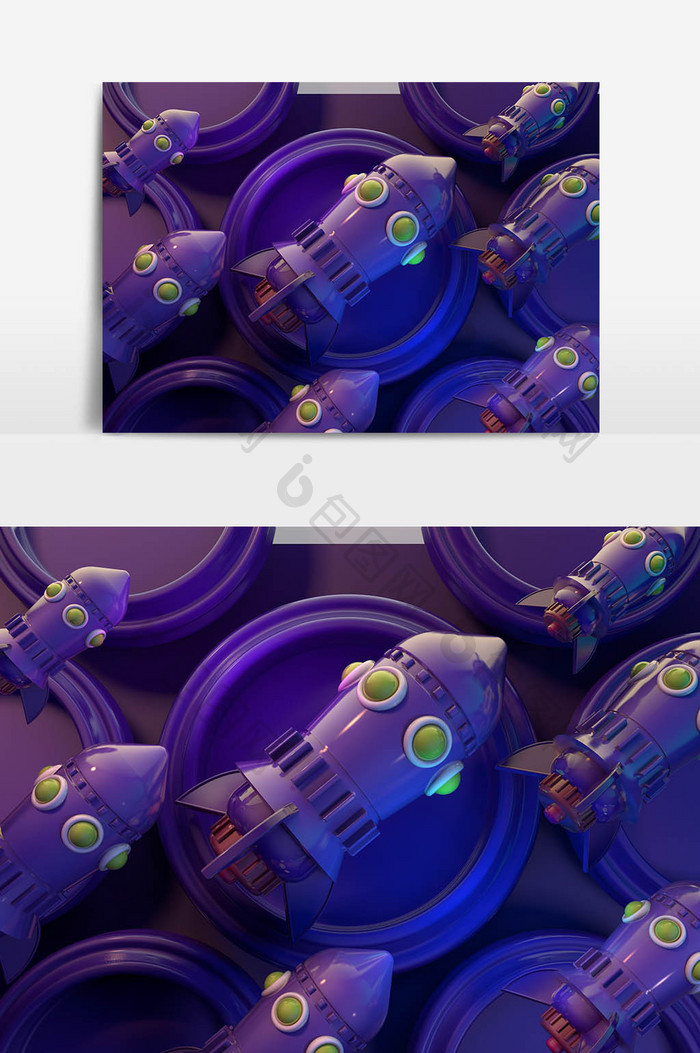 C4D原创卡通紫色的小火箭透明背景元素